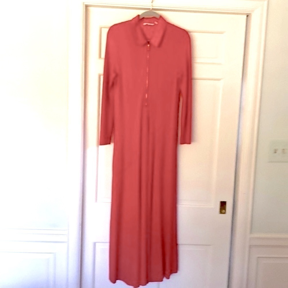 Tailored Maxi Swing Dress Orange & Gold Zipper Long Sleeves Pockets